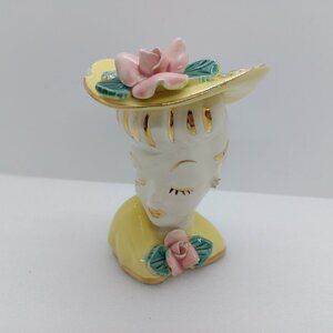 Vintage Ceramic Lady Head Vase Planter Gold Accent